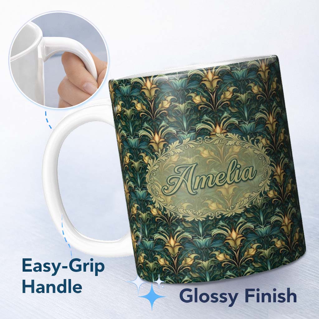 Personalized Custom Name Art Nouveau Teal Gold Botanical Seamless Pattern Name Cute Unique 11oz Ceramic Coffee Tea Mug White Large Handle