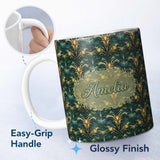 Personalized Custom Name Art Nouveau Teal Gold Botanical Seamless Pattern Name Cute Unique 11oz Ceramic Coffee Tea Mug White Large Handle
