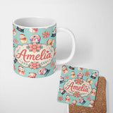 Personalized Custom Name Cute Snowman Snow Globe Poinsettia Flower Christmas Pattern Teal 11oz Ceramic Coffee Tea Mug White Large Handle