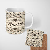 Personalized Custom Name Vintage Beige and Brown Floral Heart Swirl Seamless Pattern Lovely 11oz Ceramic Coffee Tea Mug White Large Handle