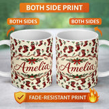 Personalized Custom Name Cute Christmas Stockings Holly Berries and Festive Holiday Elements 11oz Ceramic Coffee Tea Mug White Large Handle