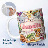 Personalized Custom Name Cute Cartoon Jungle Safari Animals Seamless Pattern on Cream Lovely 11oz Ceramic Coffee Tea Mug White Large Handle