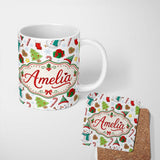 Personalized Custom Name Cute Snowman Candy Cane Christmas Tree Gift Festive Seamless Pattern 11oz Ceramic Coffee Tea Mug White Large Handle