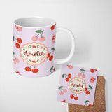 Personalized Custom Name Cute Cherry Fruit with Bow and Sprinkles Seamless Pattern Soft Lilac 11oz Ceramic Coffee Tea Mug White Large Handle