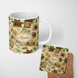 Personalized Custom Name Vintage Christmas Postcards with Poinsettia Holly and Ornaments 11oz Ceramic Coffee Tea Mug White Large Handle