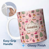 Personalized Custom Name Cute Christmas Tree Gift Coffee Sock Ornament Seamless Pattern 11oz Ceramic Coffee Tea Mug White Large Handle