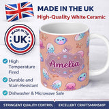 Personalized Custom Name Kawaii Jellyfish Puffer Fish Starfish Pastel Ocean Creatures Peach 11oz Ceramic Coffee Tea Mug White Large Handle