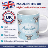 Personalized Custom Name Cute Cartoon Koala Bears with Stars on Blue Background Seamless 11oz Ceramic Coffee Tea Mug White Large Handle