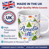 Personalized Custom Name Watercolor Snowman Christmas Tree Gift Box Star Seamless Pattern 11oz Ceramic Coffee Tea Mug White Large Handle