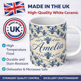 Personalized Custom Name Blue Potted Plant Botanical Vintage Seamless Pattern Lovely 11oz Ceramic Coffee Tea Mug White Large Handle