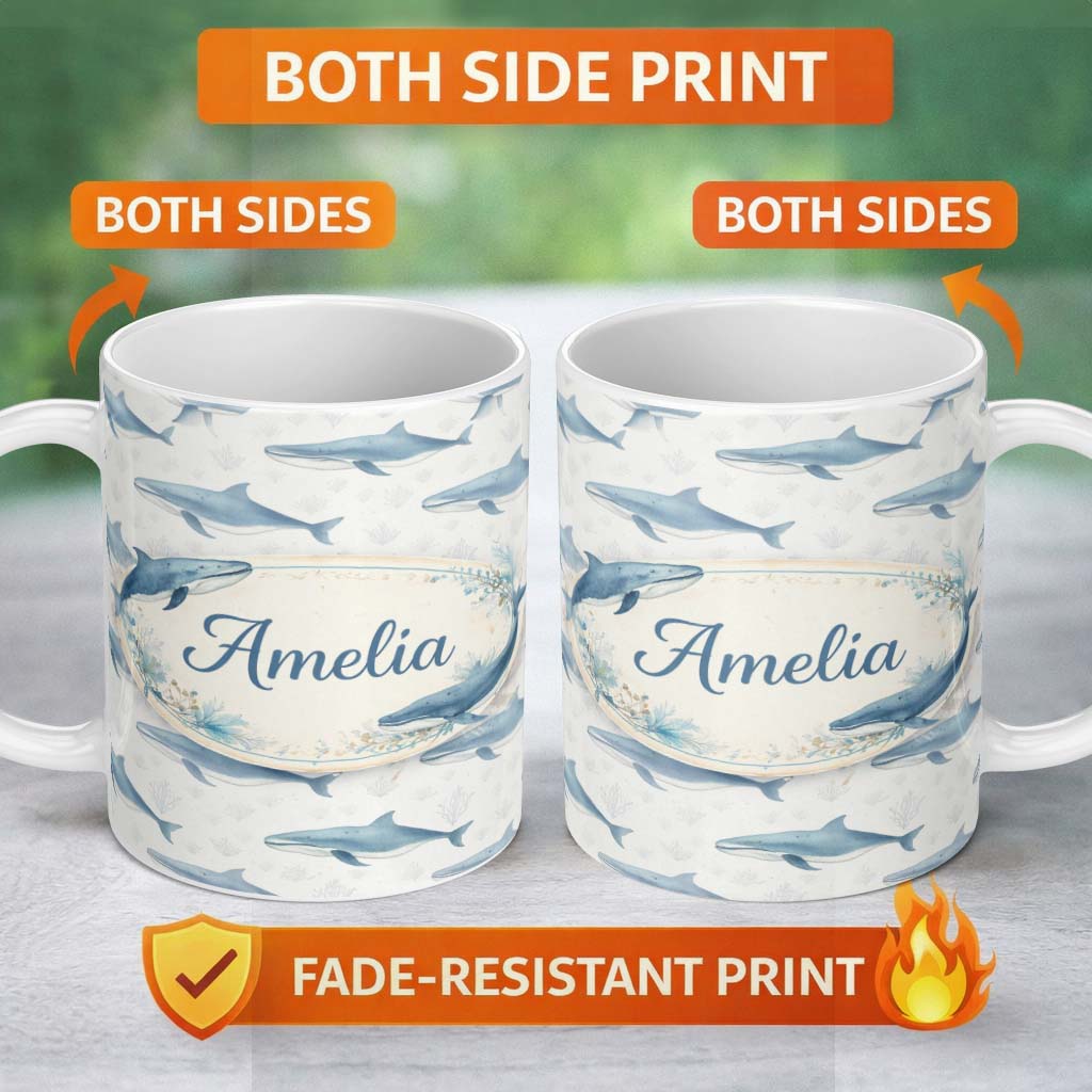 Personalized Custom Name Watercolor Blue Beluga Whale Seamless Pattern Marine Ocean Design 11oz Ceramic Coffee Tea Mug White Large Handle