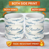 Personalized Custom Name Watercolor Blue Beluga Whale Seamless Pattern Marine Ocean Design 11oz Ceramic Coffee Tea Mug White Large Handle