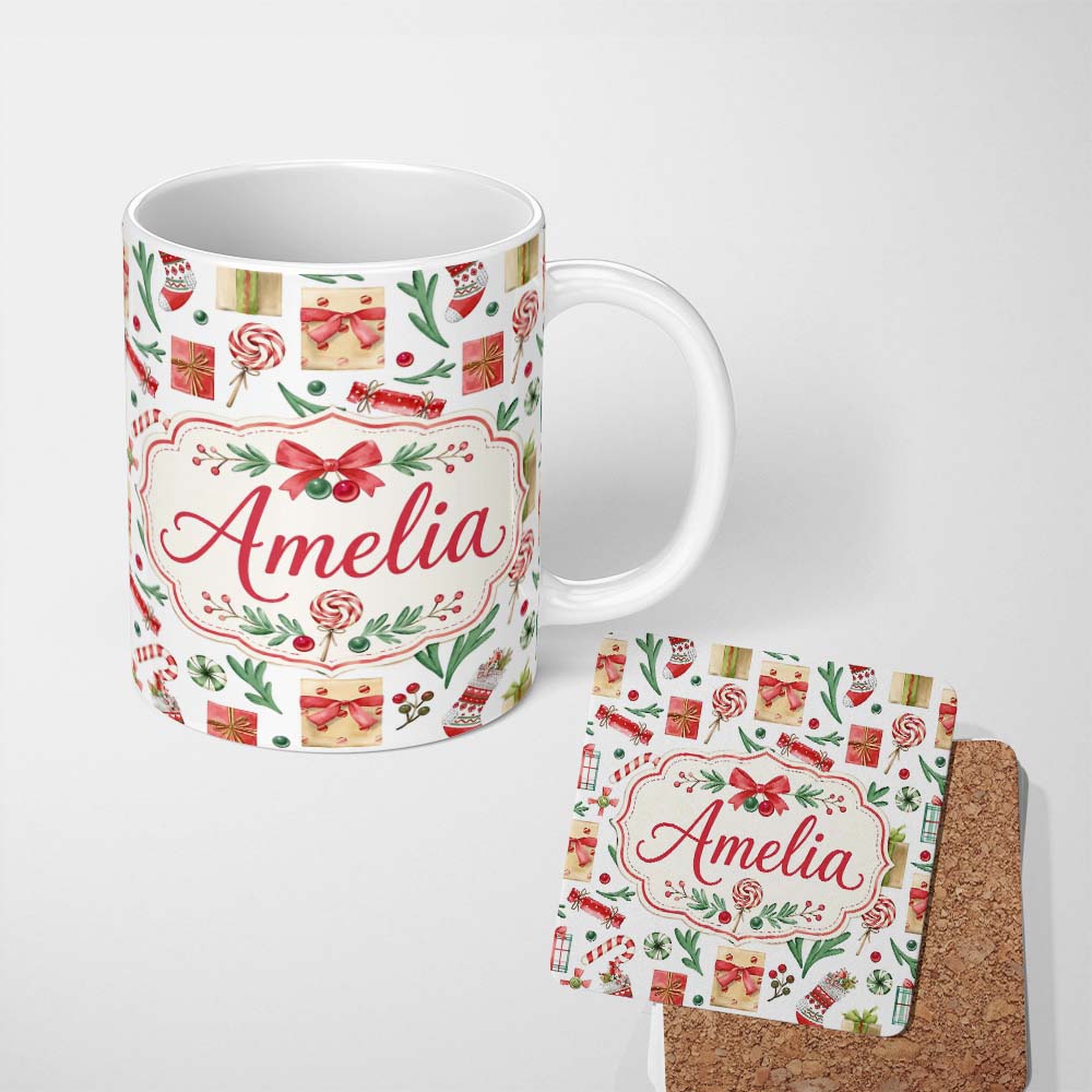Personalized Custom Name Christmas Gifts Candy Lollipop Stockings Seamless Pattern Lovely 11oz Ceramic Coffee Tea Mug White Large Handle
