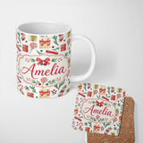 Personalized Custom Name Christmas Gifts Candy Lollipop Stockings Seamless Pattern Lovely 11oz Ceramic Coffee Tea Mug White Large Handle