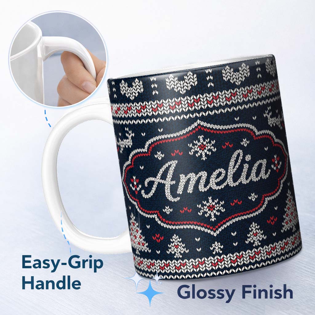 Personalized Custom Name Blue Nordic Snowflake Knitted Pattern Seamless Winter Lovely 11oz Ceramic Coffee Tea Mug White Large Handle