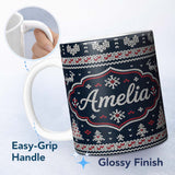 Personalized Custom Name Blue Nordic Snowflake Knitted Pattern Seamless Winter Lovely 11oz Ceramic Coffee Tea Mug White Large Handle