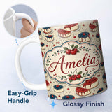 Personalized Custom Name Red and Blue Glazed Cherry Cake Dessert Seamless Pattern Lovely 11oz Ceramic Coffee Tea Mug White Large Handle