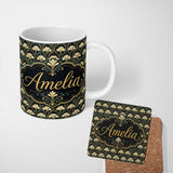 Personalized Custom Name Elegant Gold Leaf Dark Floral Seamless Pattern Name Cute Unique Gift 11oz Ceramic Coffee Tea Mug White Large Handle