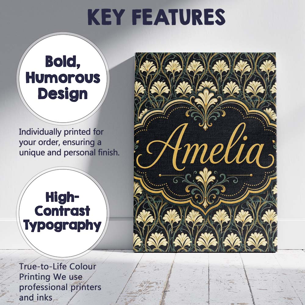 Personalised Name Elegant Gold Leaf Dark Custom  Interior Decorative Contemporary Canvas Wall Art Print Decor Picture Ready to Hang