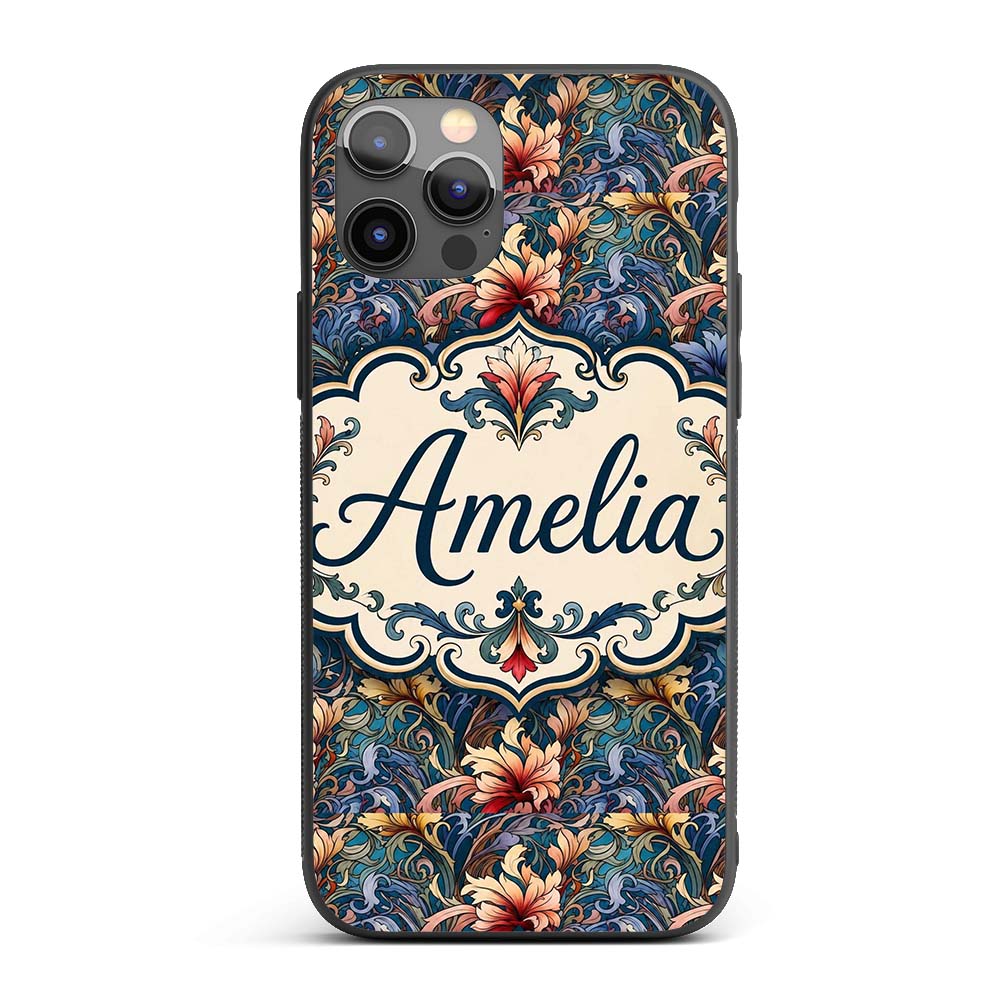 Vintage Blue Red Floral Swirl Art Printed Design Custom Name Protective Phone Case Mobile Cover Durable Everyday Smartphone Shock Resistant
