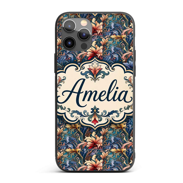 Vintage Blue Red Floral Swirl Art Printed Design Custom Name Protective Phone Case Mobile Cover Durable Everyday Smartphone Shock Resistant