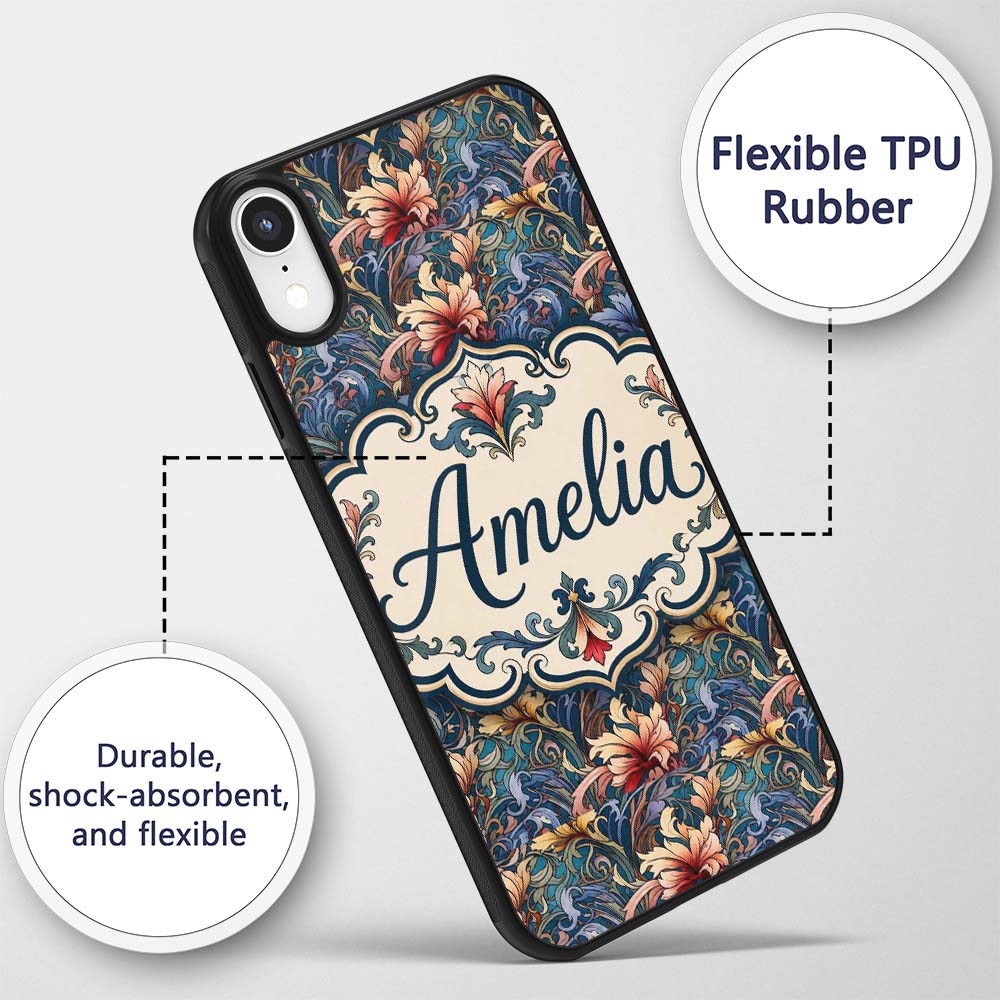 Vintage Blue Red Floral Swirl Art Printed Design Custom Name Protective Phone Case Mobile Cover Durable Everyday Smartphone Shock Resistant
