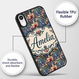 Vintage Blue Red Floral Swirl Art Printed Design Custom Name Protective Phone Case Mobile Cover Durable Everyday Smartphone Shock Resistant