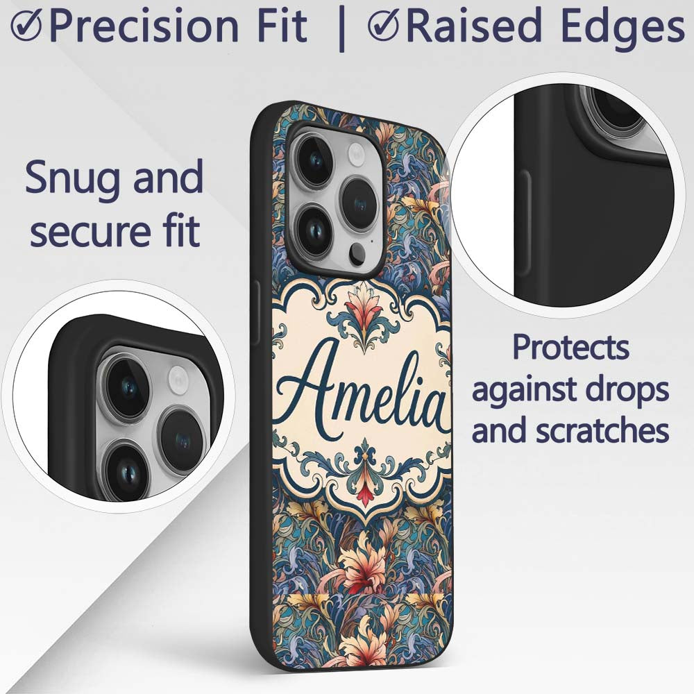 Vintage Blue Red Floral Swirl Art Printed Design Custom Name Protective Phone Case Mobile Cover Durable Everyday Smartphone Shock Resistant