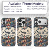 Vintage Blue Red Floral Swirl Art Printed Design Custom Name Protective Phone Case Mobile Cover Durable Everyday Smartphone Shock Resistant