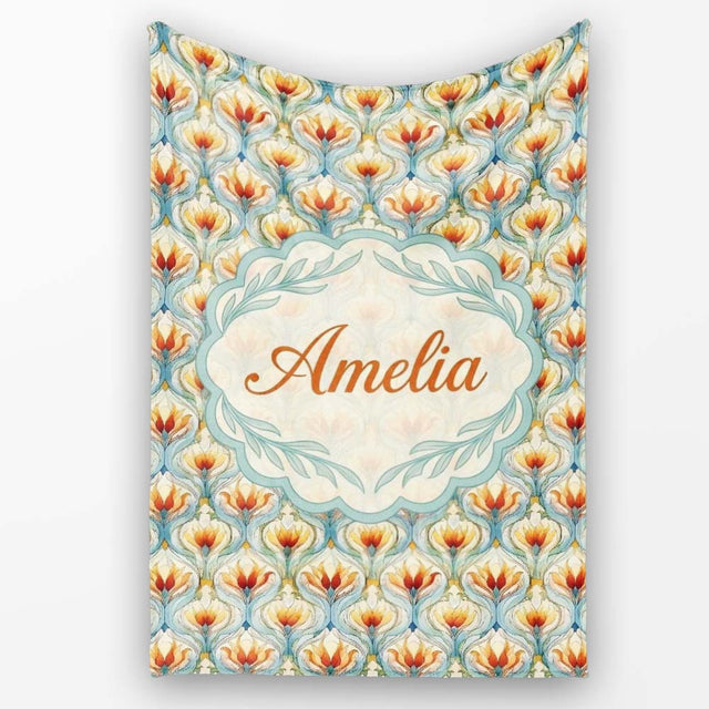 Elegant Orange Tulip Floral Lattice Seamless Pattern Name Cute  Personalised Custom Name Super Soft Fleece Blanket Bed Sofa Throw