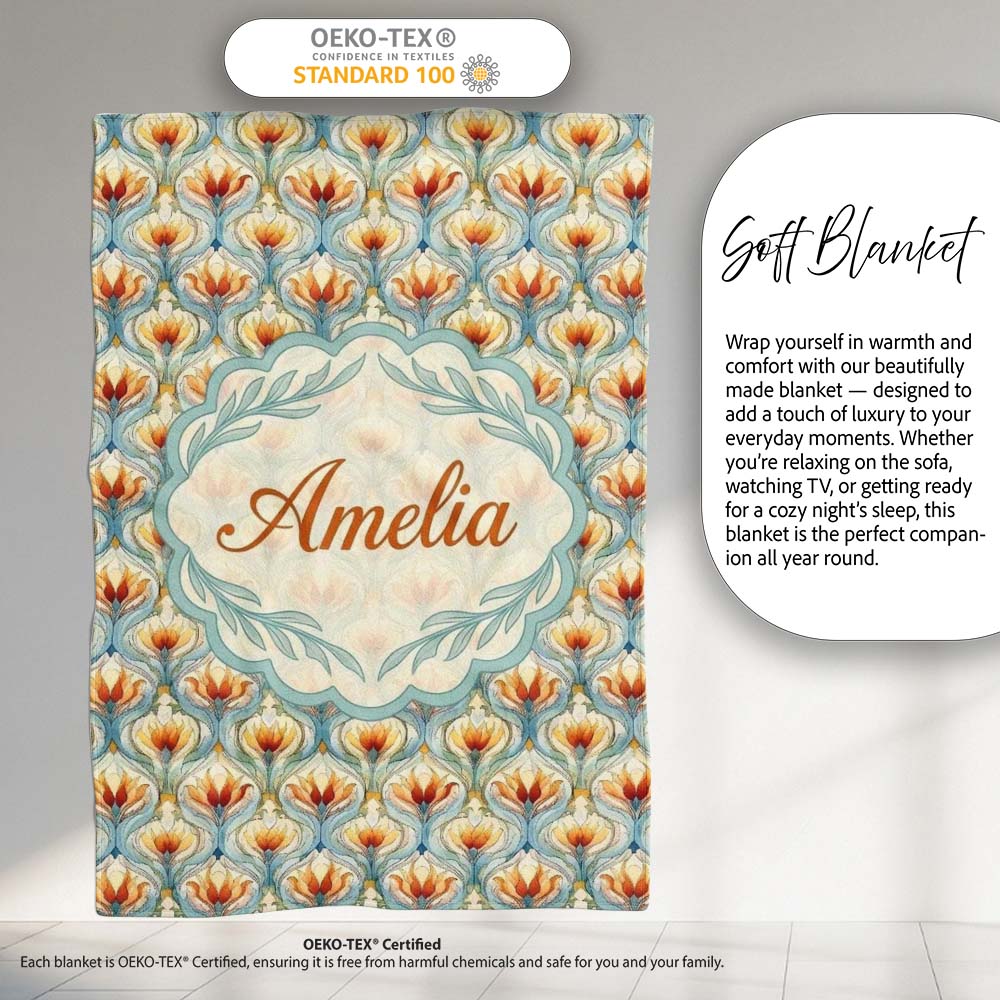 Elegant Orange Tulip Floral Lattice Seamless Pattern Name Cute  Personalised Custom Name Super Soft Fleece Blanket Bed Sofa Throw