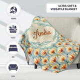 Elegant Orange Tulip Floral Lattice Seamless Pattern Name Cute  Personalised Custom Name Super Soft Fleece Blanket Bed Sofa Throw
