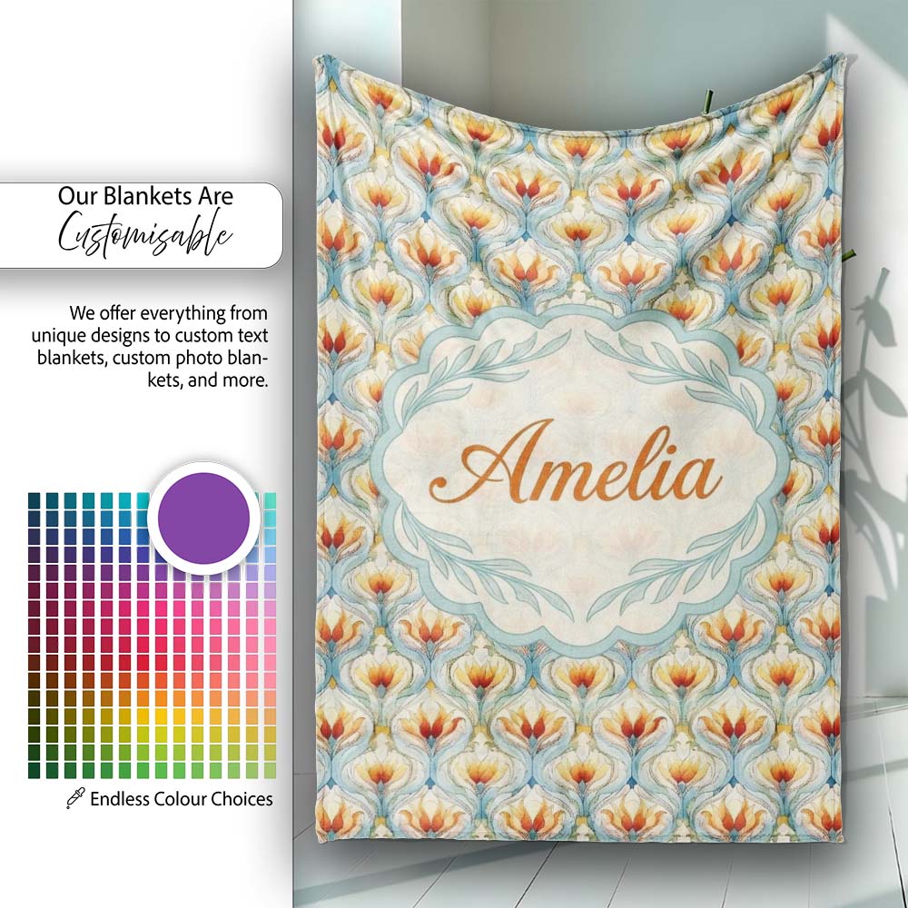 Elegant Orange Tulip Floral Lattice Seamless Pattern Name Cute  Personalised Custom Name Super Soft Fleece Blanket Bed Sofa Throw
