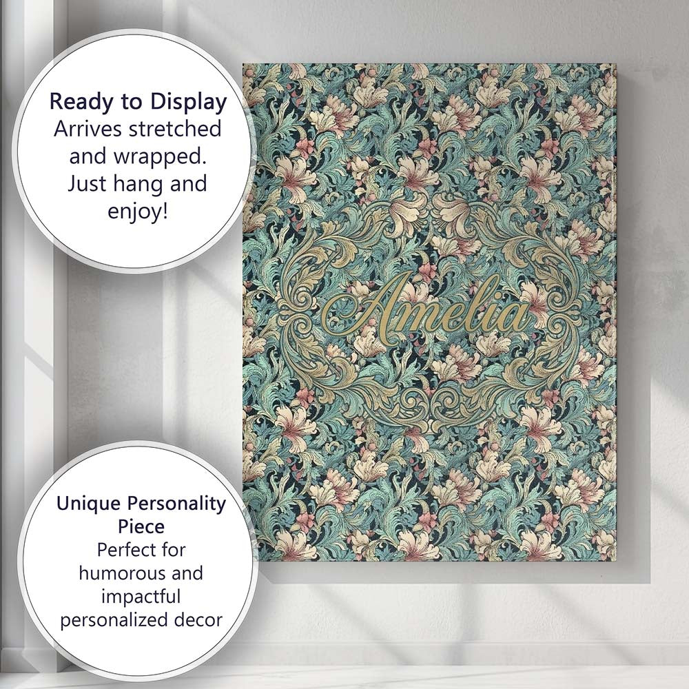 Personalised Name Soft Teal Pink Floral Custom  Modern Room Accent Elegant Feature Canvas Wall Art Print Decor Picture Ready to Hang