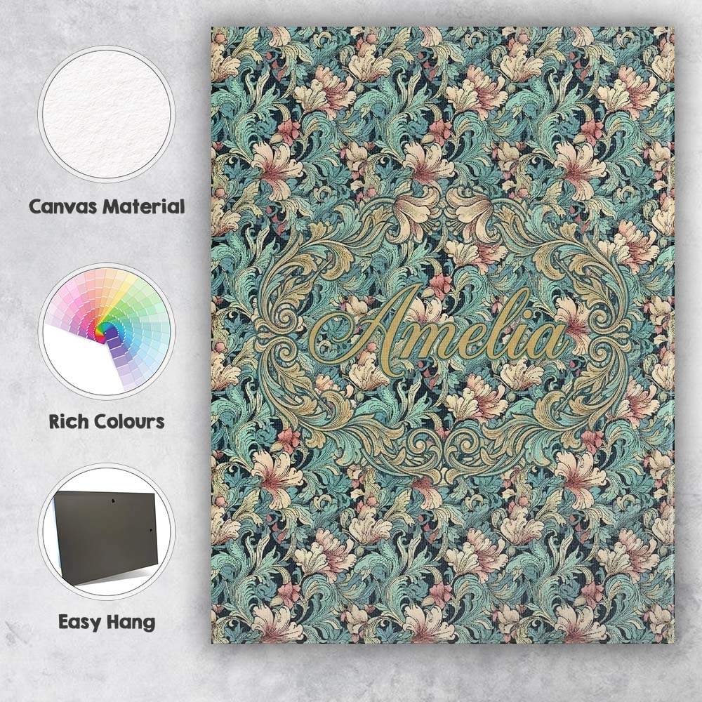 Personalised Name Soft Teal Pink Floral Custom  Modern Room Accent Elegant Feature Canvas Wall Art Print Decor Picture Ready to Hang