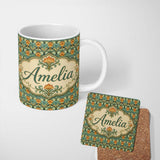 Personalized Custom Name Ornate Green Orange Floral Stripe Seamless Pattern Name Cute Unique 11oz Ceramic Coffee Tea Mug White Large Handle