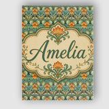 Personalised Name Ornate Green Orange Custom Modern Room Accent Creative Decorator Style Canvas Wall Art Print Decor Picture Ready to Hang