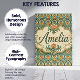 Personalised Name Ornate Green Orange Custom Modern Room Accent Creative Decorator Style Canvas Wall Art Print Decor Picture Ready to Hang