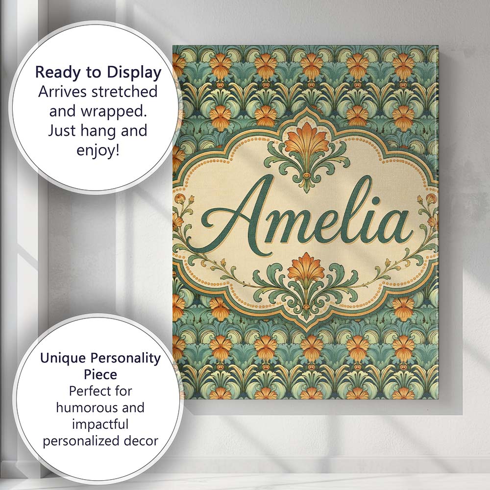 Personalised Name Ornate Green Orange Custom Modern Room Accent Creative Decorator Style Canvas Wall Art Print Decor Picture Ready to Hang