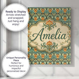 Personalised Name Ornate Green Orange Custom Modern Room Accent Creative Decorator Style Canvas Wall Art Print Decor Picture Ready to Hang