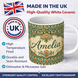 Personalized Custom Name Ornate Green Orange Floral Stripe Seamless Pattern Name Cute Unique 11oz Ceramic Coffee Tea Mug White Large Handle