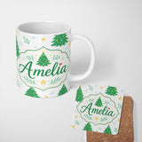 Personalized Custom Name Decorated Christmas Trees with Stars and Snowflakes Bright Holiday 11oz Ceramic Coffee Tea Mug White Large Handle
