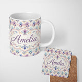 Personalized Custom Name Pastel Watercolor Floral Petal Seamless Pattern Name Cute Unique 11oz Ceramic Coffee Tea Mug White Large Handle