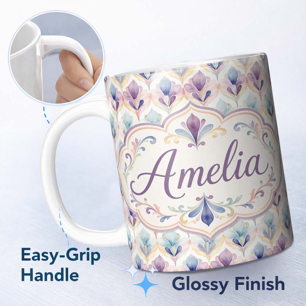 Personalized Custom Name Pastel Watercolor Floral Petal Seamless Pattern Name Cute Unique 11oz Ceramic Coffee Tea Mug White Large Handle