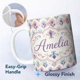 Personalized Custom Name Pastel Watercolor Floral Petal Seamless Pattern Name Cute Unique 11oz Ceramic Coffee Tea Mug White Large Handle