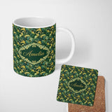 Personalized Custom Name Deep Green Gold Leaf Swirl Seamless Pattern Name Cute Unique Gift 11oz Ceramic Coffee Tea Mug White Large Handle