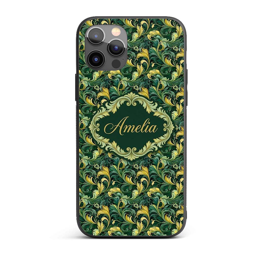 Deep Green Gold Leaf Swirl Seamless Pattern Name Custom Name Protective Phone Case Mobile Cover Durable Everyday Smartphone Shock Resistant