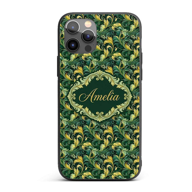 Deep Green Gold Leaf Swirl Seamless Pattern Name Custom Name Protective Phone Case Mobile Cover Durable Everyday Smartphone Shock Resistant