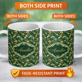 Personalized Custom Name Deep Green Gold Leaf Swirl Seamless Pattern Name Cute Unique Gift 11oz Ceramic Coffee Tea Mug White Large Handle