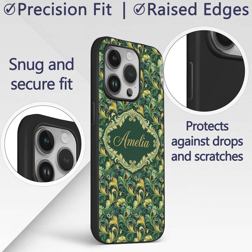 Deep Green Gold Leaf Swirl Seamless Pattern Name Custom Name Protective Phone Case Mobile Cover Durable Everyday Smartphone Shock Resistant
